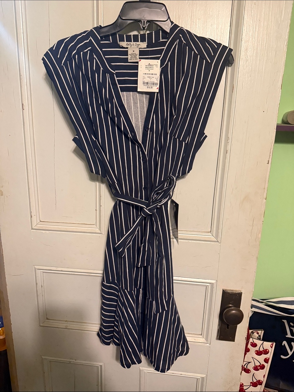 a new day Navy and White Vertical Stripe Tie-Waist Midi Dress